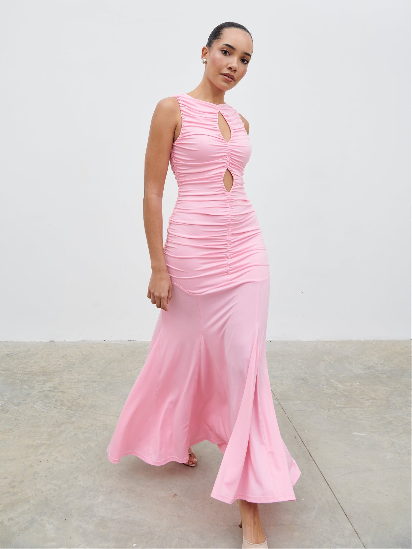 Shayla Ruched Cut Out Jersey Maxi Dress - Peony Pink