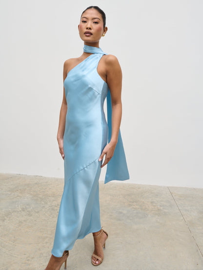 Sheree One Shoulder Scarf Midaxi Dress - Sky Blue