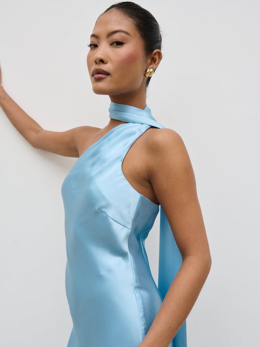 Sheree One Shoulder Scarf Midaxi Dress - Sky Blue
