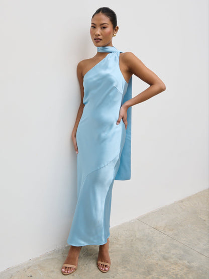 Sheree One Shoulder Scarf Midaxi Dress - Sky Blue