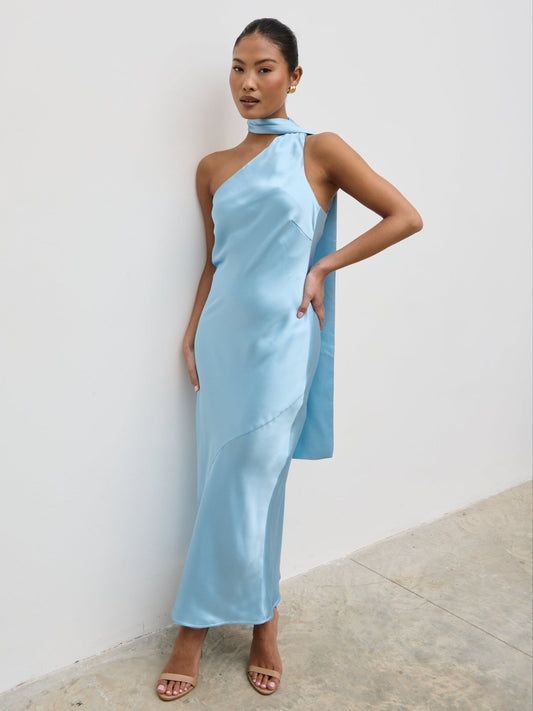 Sheree One Shoulder Scarf Midaxi Dress - Sky Blue