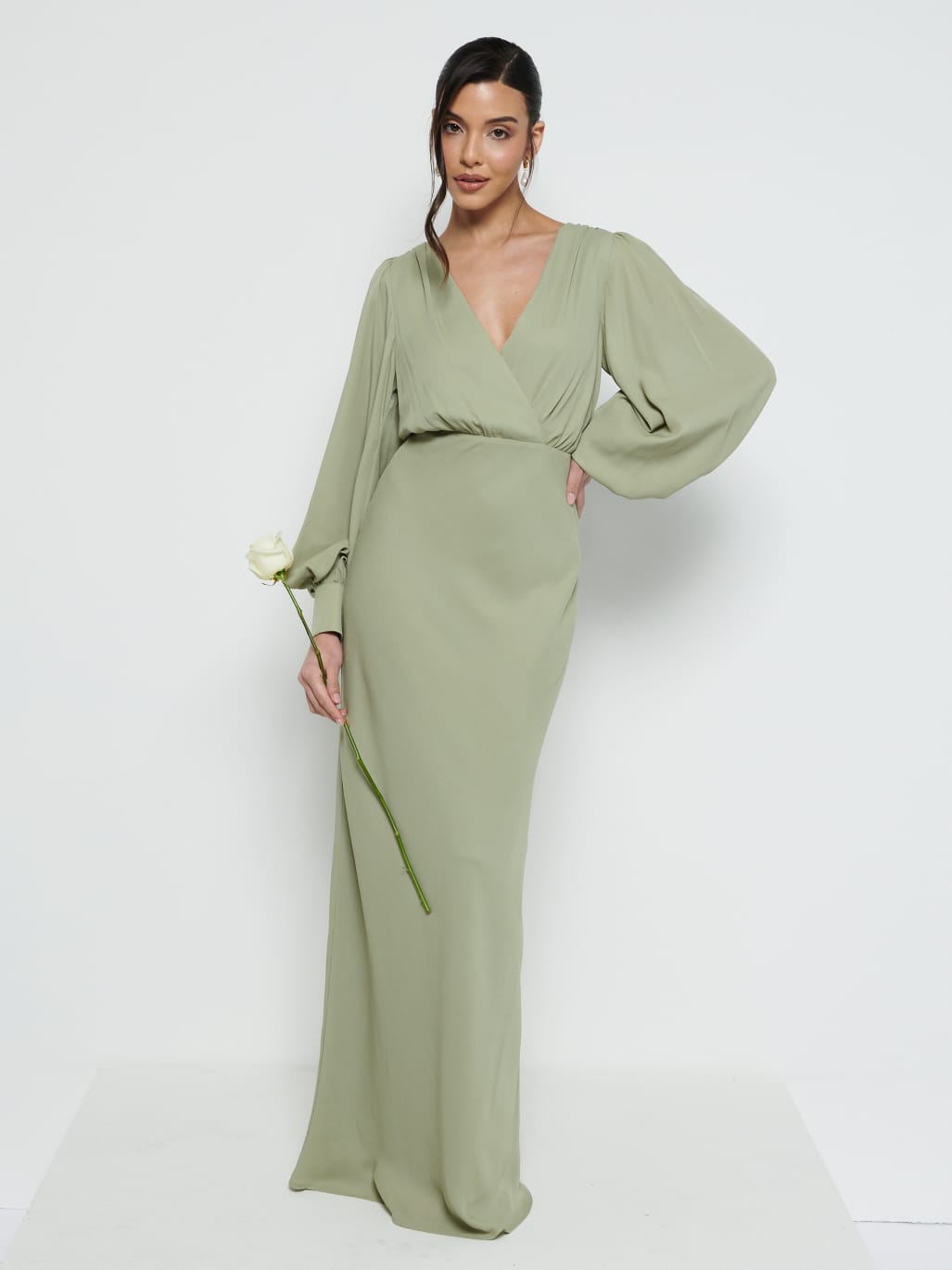 Sienna Long Sleeve Chiffon Bridesmaid Dress - Olive