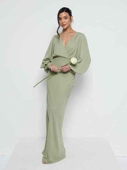 Sienna Long Sleeve Chiffon Bridesmaid Dress - Olive