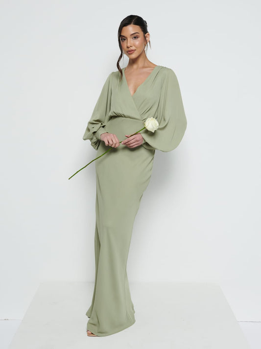 Sienna Long Sleeve Chiffon Bridesmaid Dress - Olive