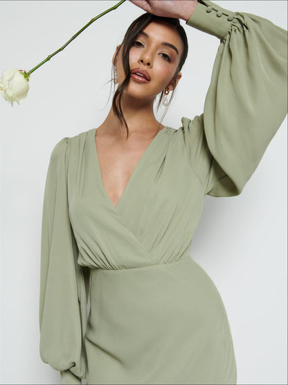 Sienna Long Sleeve Chiffon Bridesmaid Dress - Olive