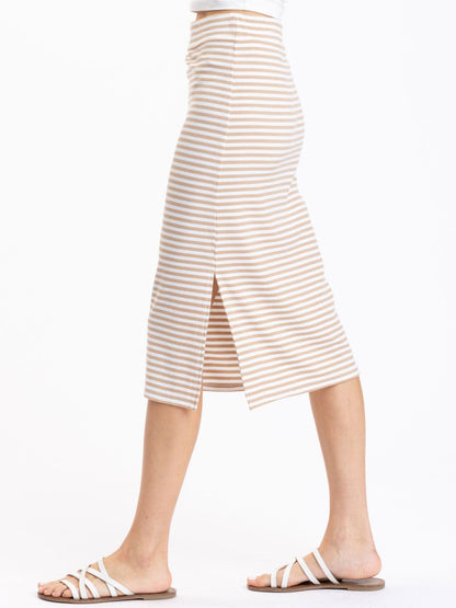 Adella Stripe Feather Rib Side-Slit Midi Skirt