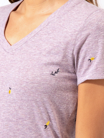 Lemon Embroidery V-Neck Tee