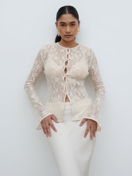 Tai Sequin Lace Cardigan - Oyster