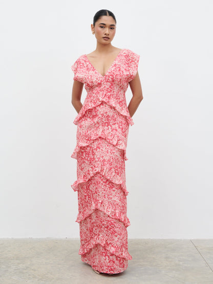 Tamsin Ruffle Maxi Dress - Pink Multi Abstract Print
