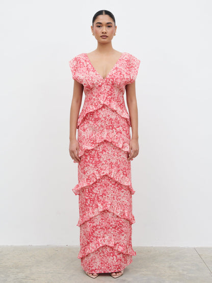 Tamsin Ruffle Maxi Dress - Pink Multi Abstract Print