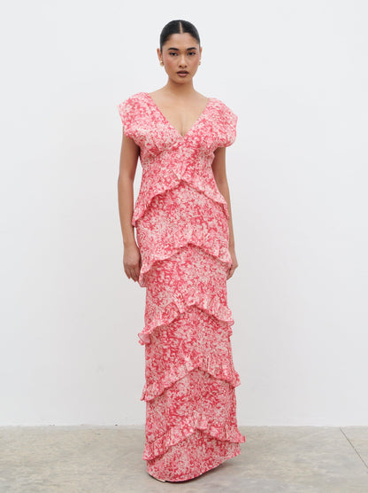 Tamsin Ruffle Maxi Dress - Pink Multi Abstract Print