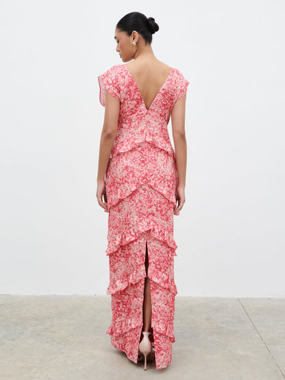 Tamsin Ruffle Maxi Dress - Pink Multi Abstract Print