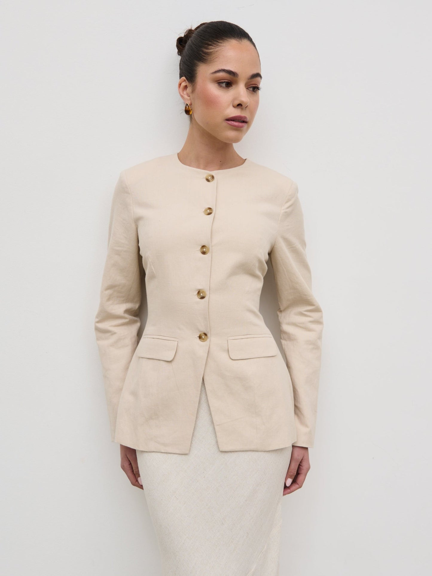 Tarryn Crew Neck Linen Jacket - Natural
