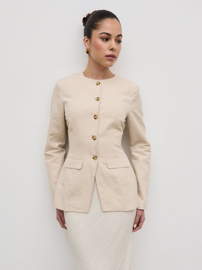Tarryn Crew Neck Linen Jacket - Natural