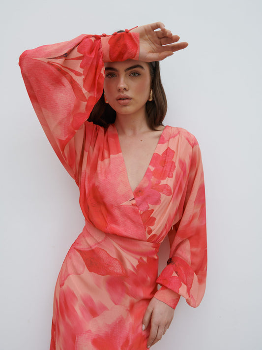 Theia Batwing Maxi Dress - Pink Large Scale Floral