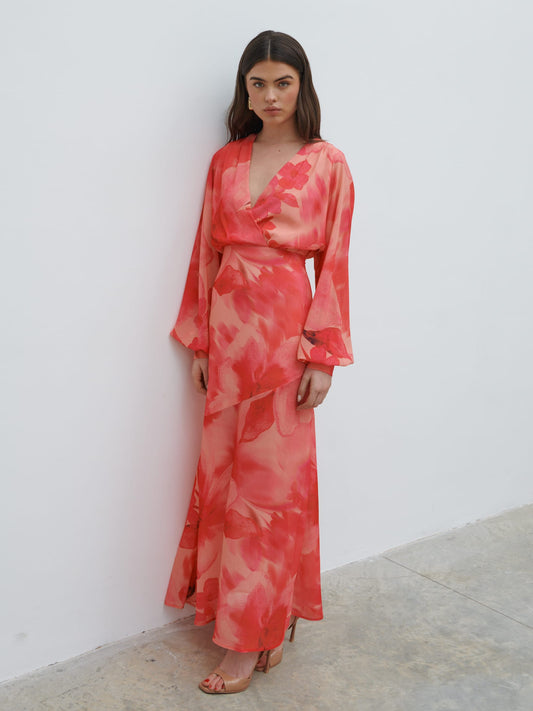 Theia Batwing Maxi Dress - Pink Large Scale Floral