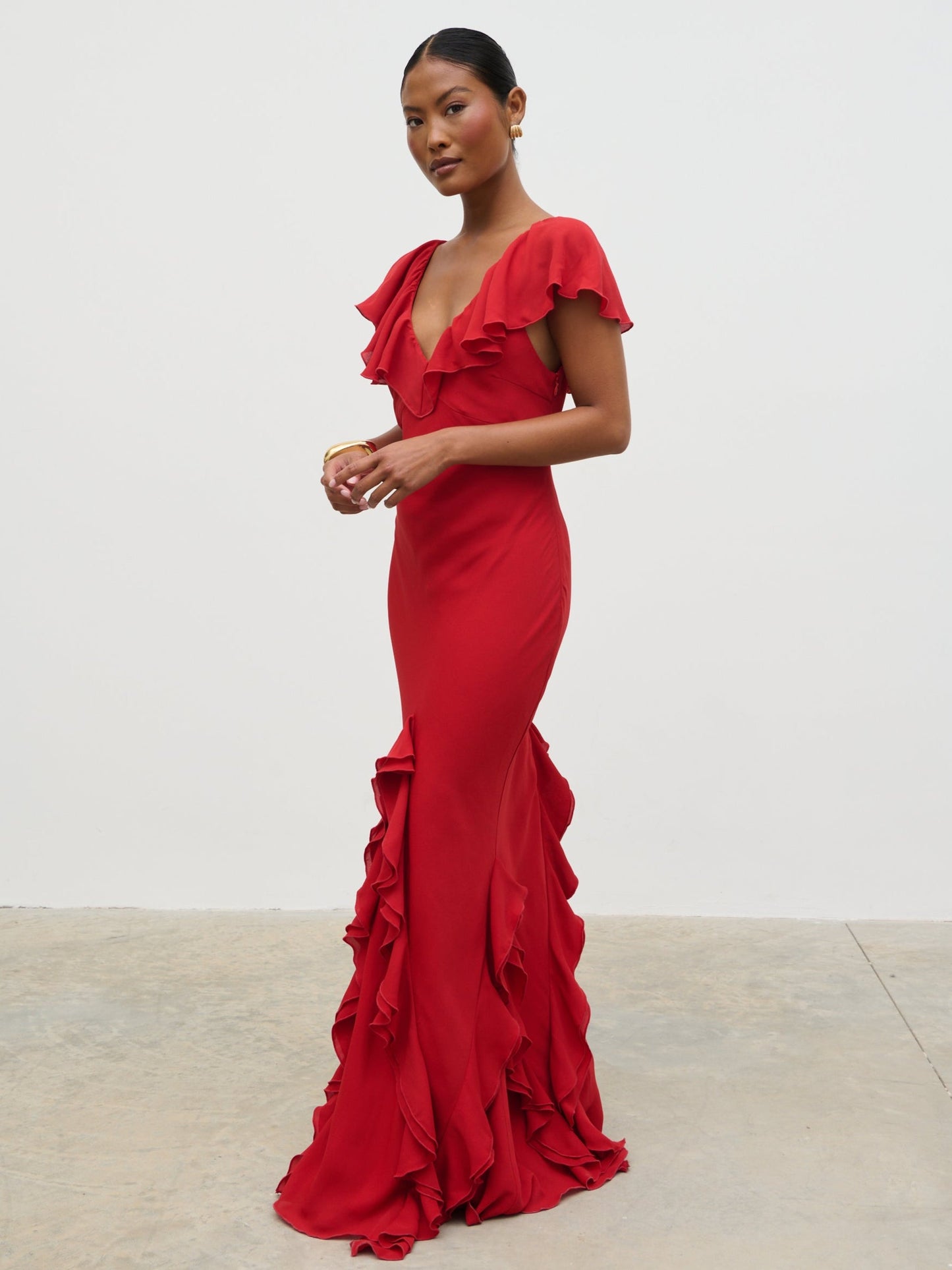 Uma Cap Sleeve Ruffle Maxi Dress - Red