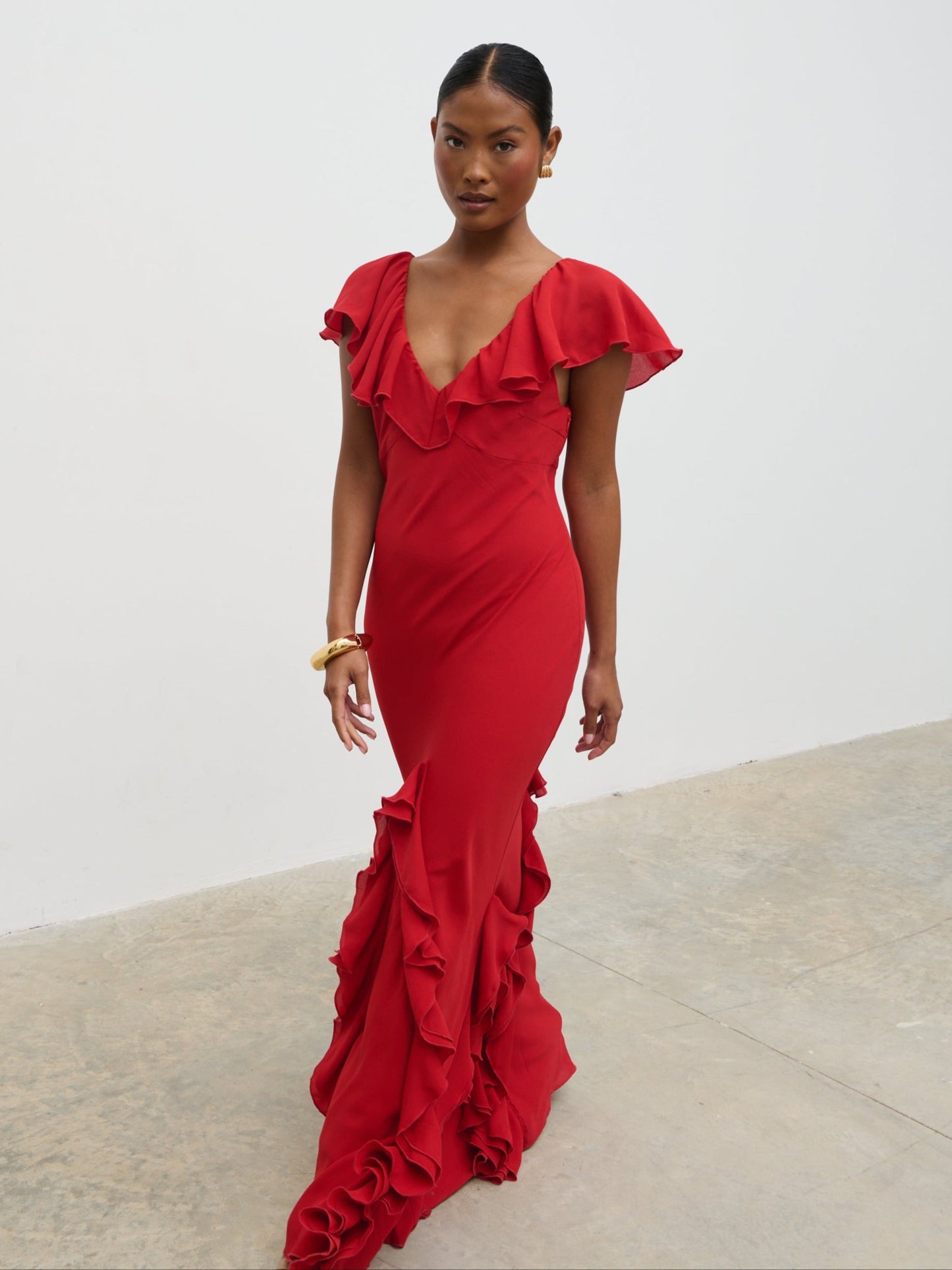 Uma Cap Sleeve Ruffle Maxi Dress - Red