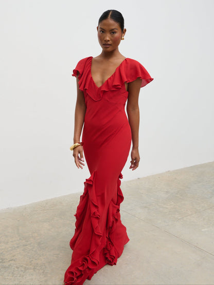 Uma Cap Sleeve Ruffle Maxi Dress - Red