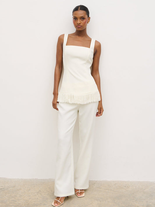 Verona Fringed Tweed Top - Cream