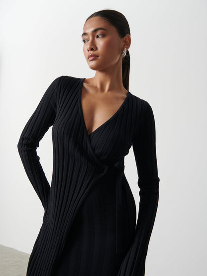Vinnie Wrap Tie Midaxi Dress - Black