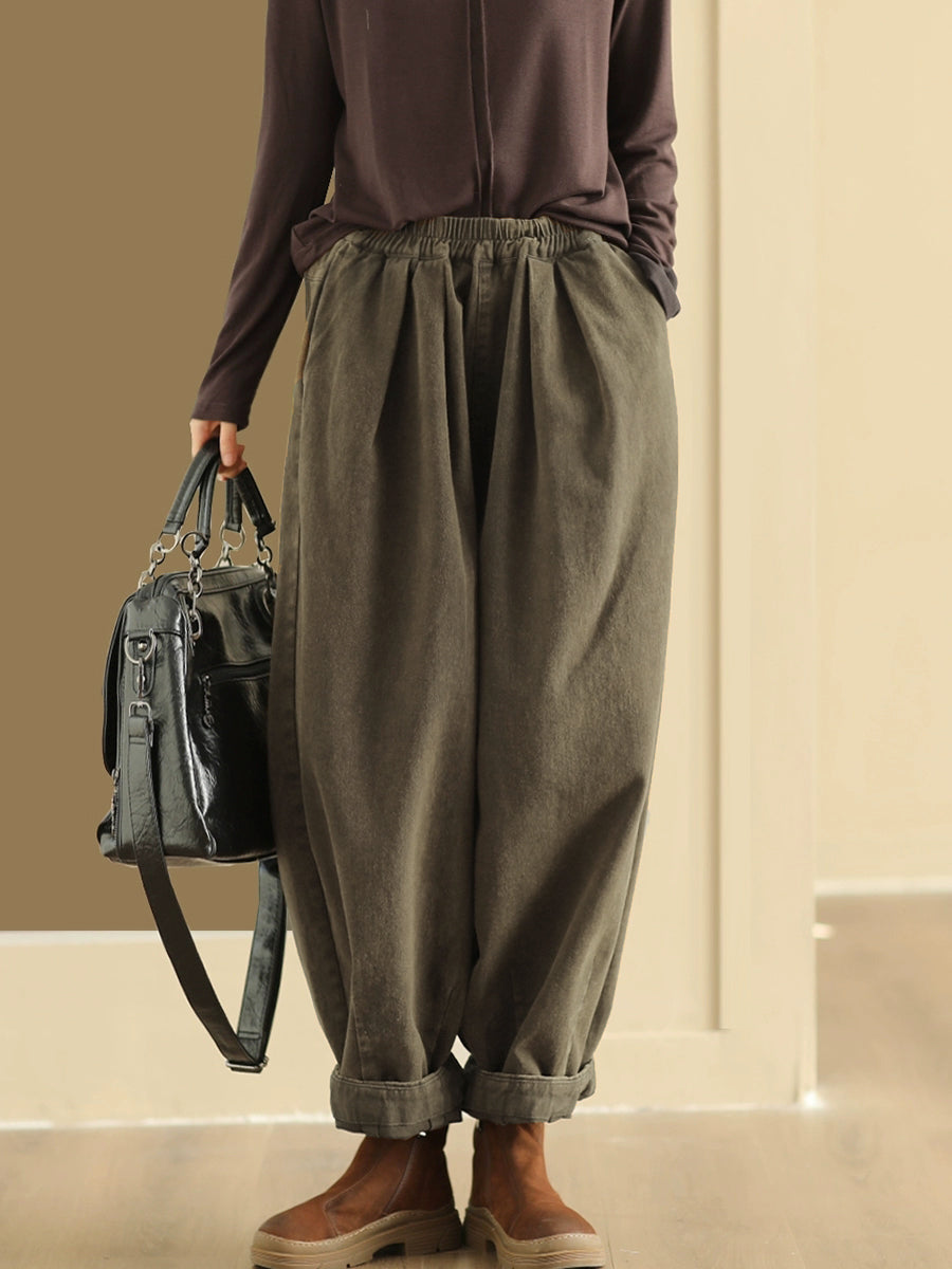 Plus Size Women Autumn Retro Pure Color Cotton Harem Pants