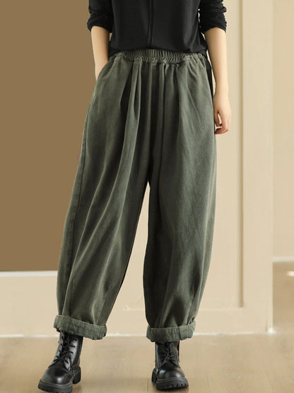 Plus Size Women Autumn Retro Pure Color Cotton Harem Pants