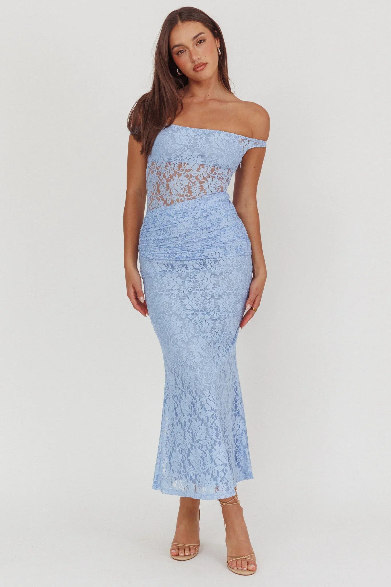 Bellora Off-Shoulder Lace Maxi Dress Blue