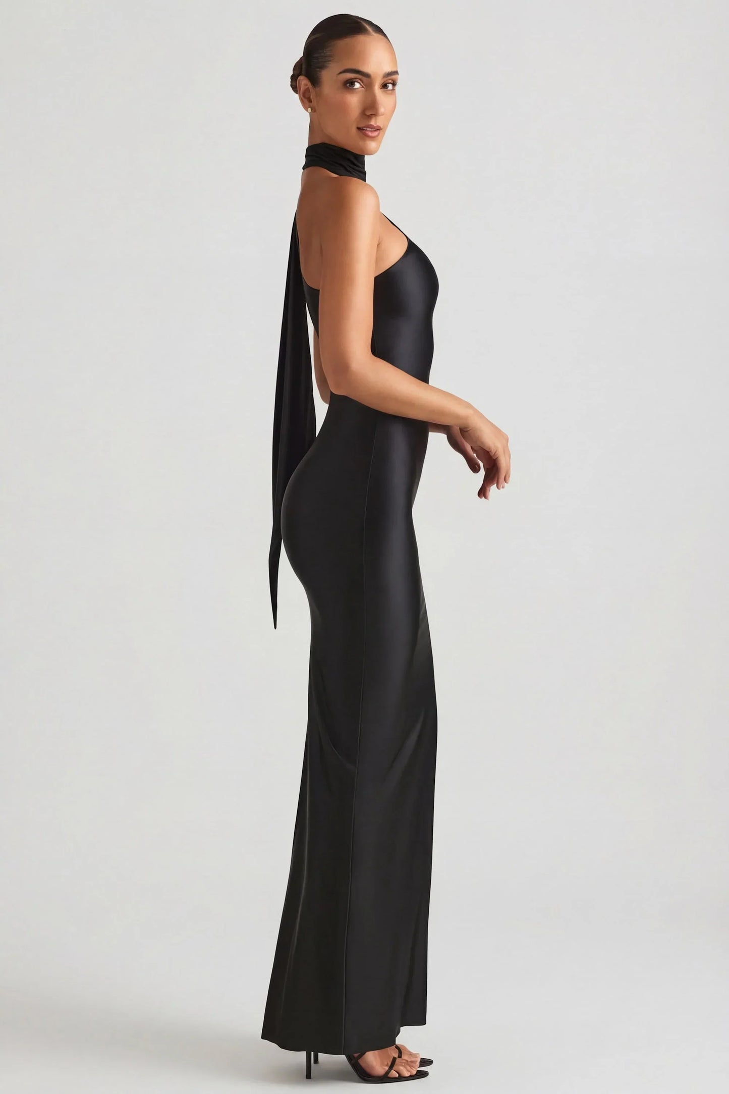 Asymmetric Scarf-Detail Maxi Dress in Black