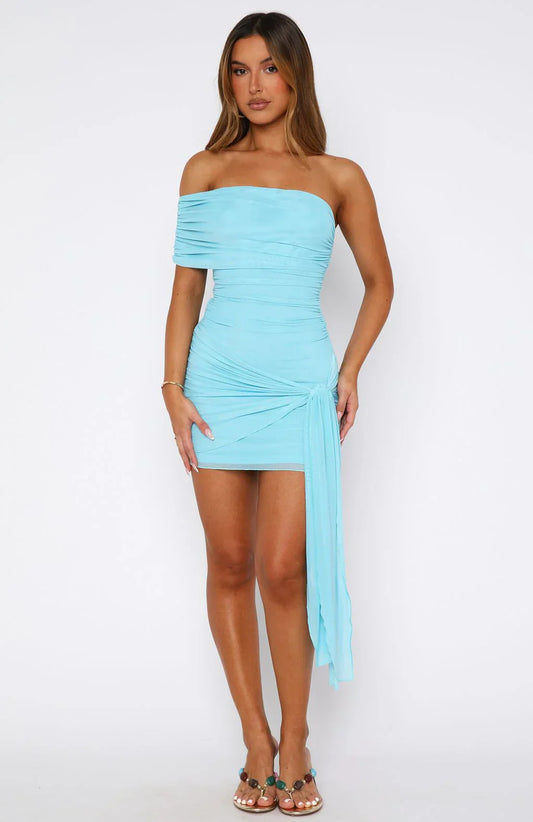 All Mixed Up One Shoulder Mini Dress Blue