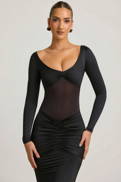 Bow-Detail Ruched Maxi Dress in Black