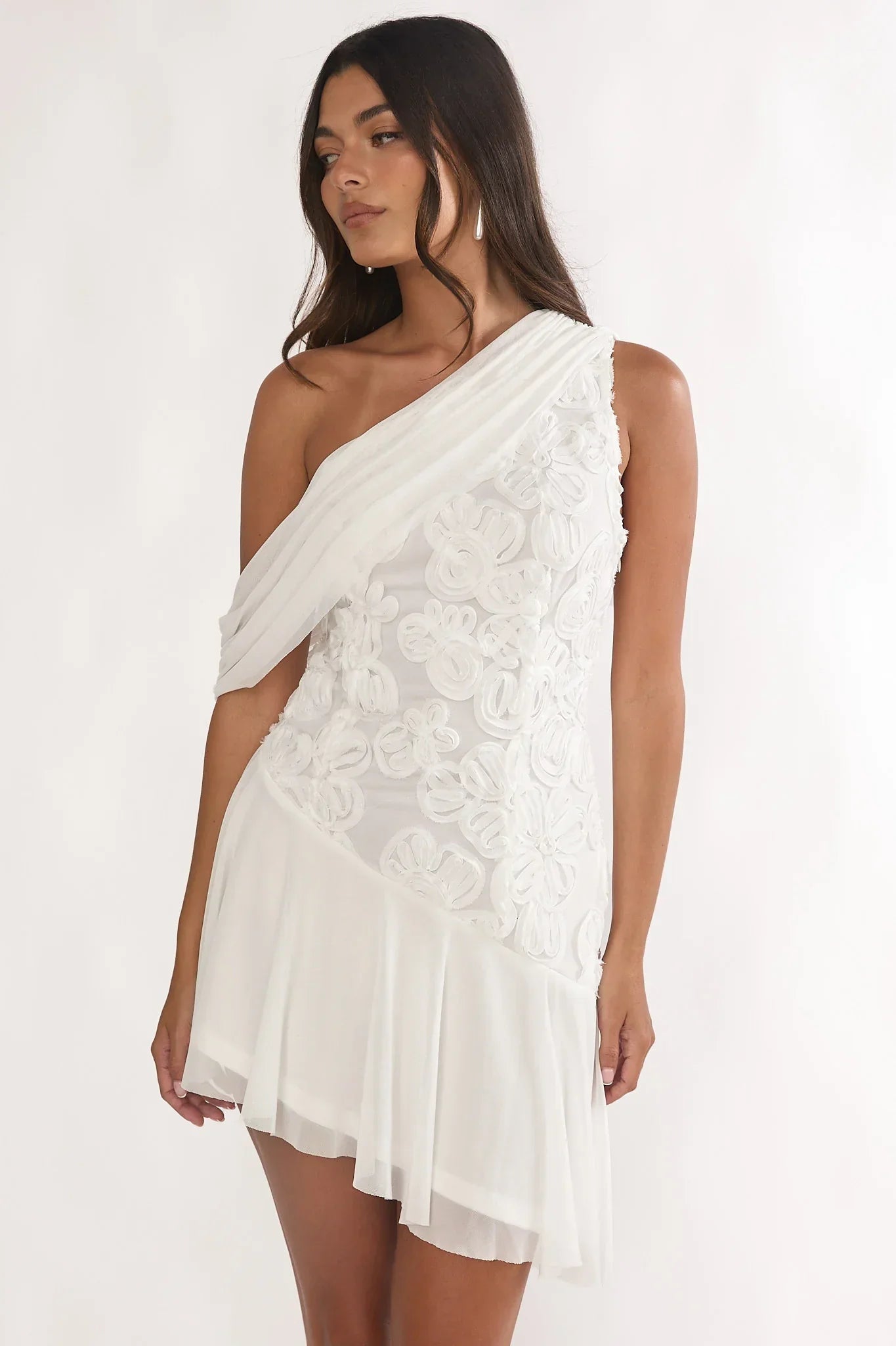 Anaisa One-Shoulder Draped Mini Dress Embellished Off White