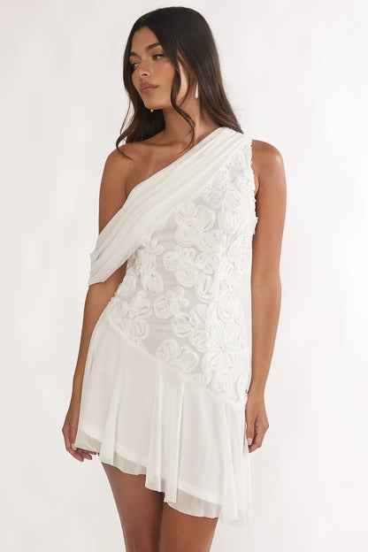 Anaisa One-Shoulder Draped Mini Dress Embellished Off White