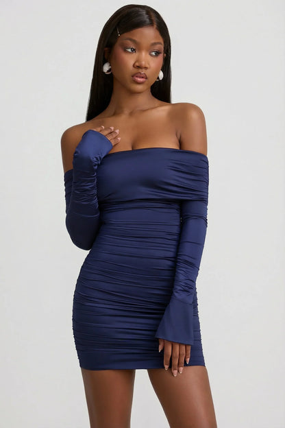 Bow-Detail Off-Shoulder Mini Dress in True Navy