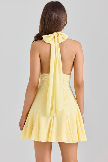 butter yellow georgette halter neck mini dress