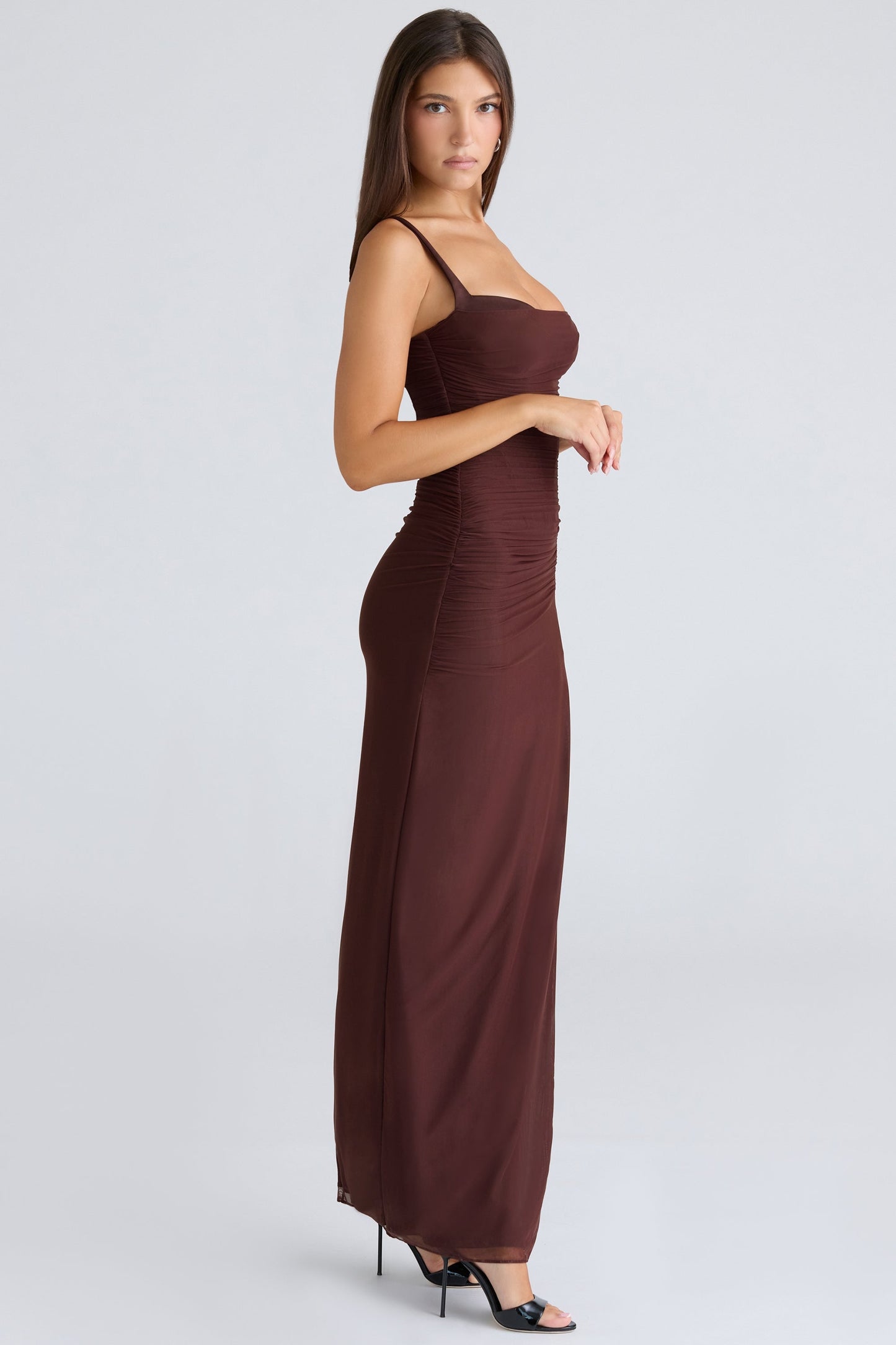 burgundy stretch mesh maxi dress