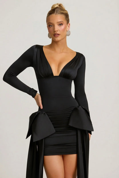 Bow-Detail Ruched Mini Dress in Black