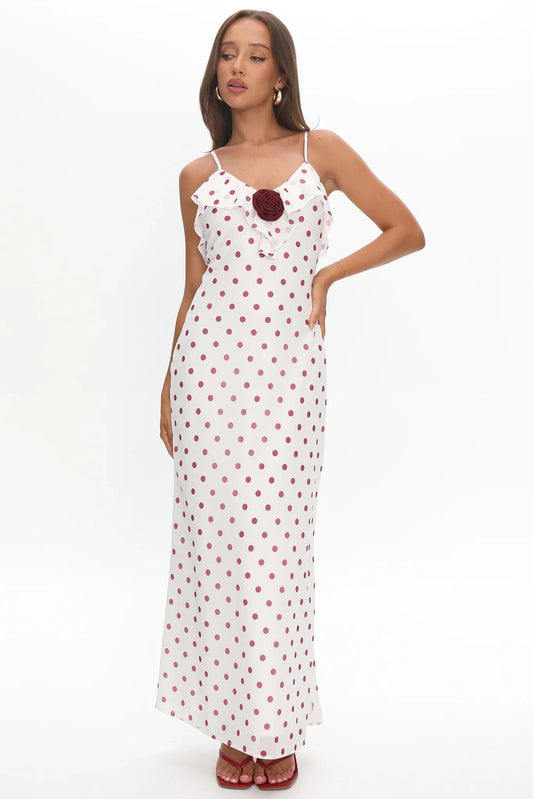 Bellissa Ruffle Bust Maxi Dress Polka Dot Red