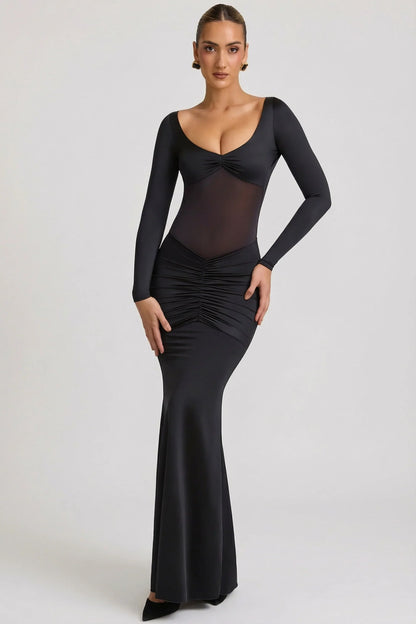 Bow-Detail Ruched Maxi Dress in Black