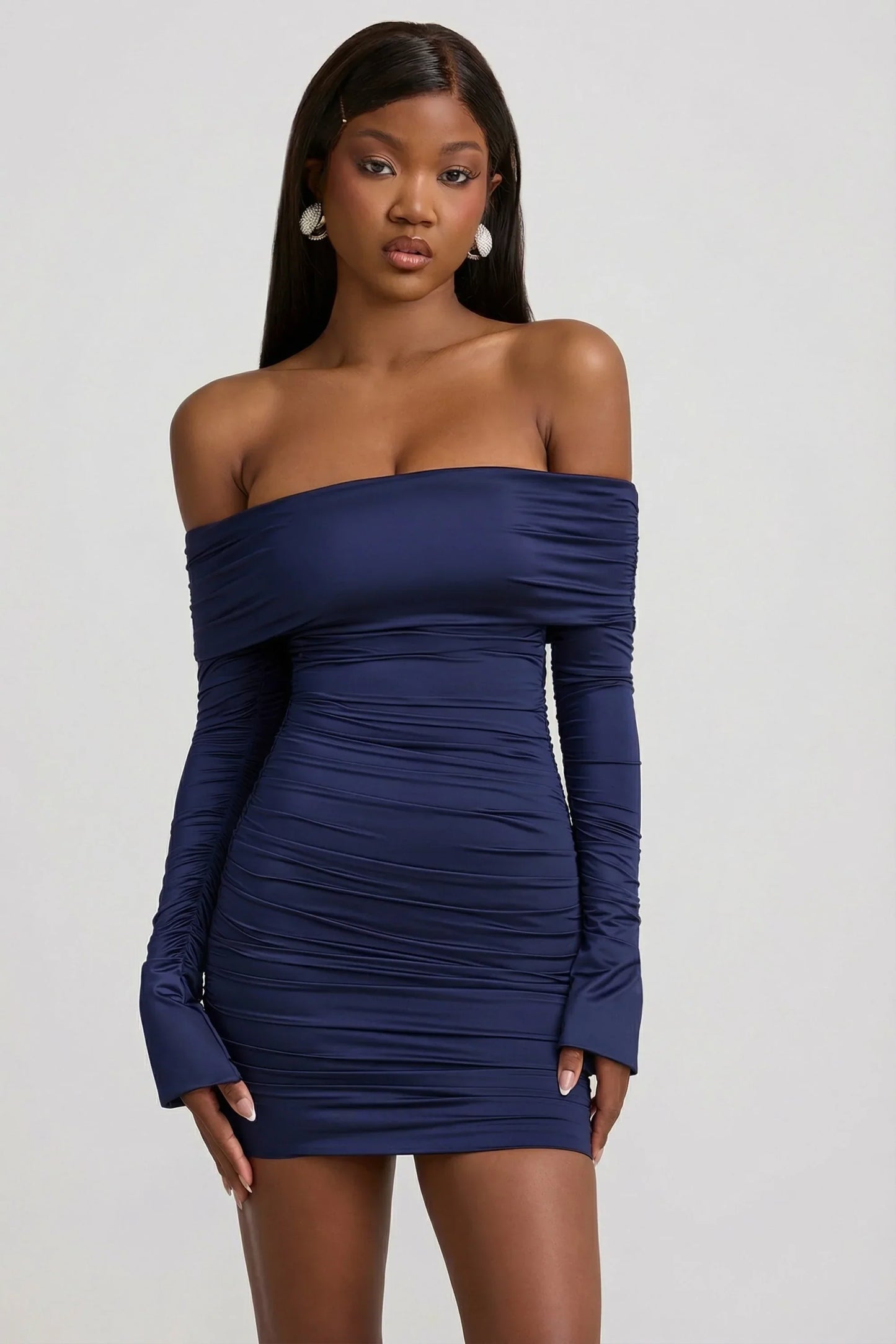 Bow-Detail Off-Shoulder Mini Dress in True Navy