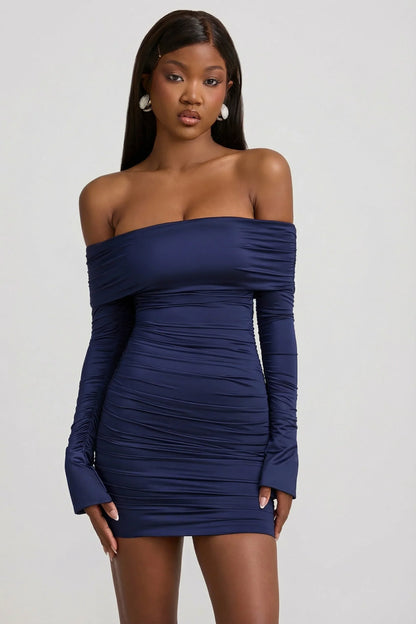 Bow-Detail Off-Shoulder Mini Dress in True Navy