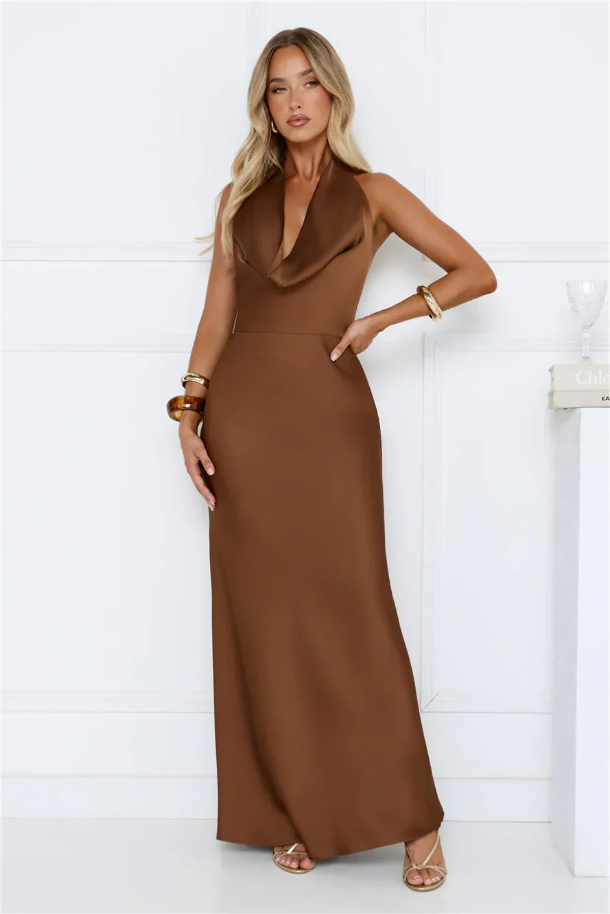 Cherry Whirl Satin Halter Maxi Dress Brown