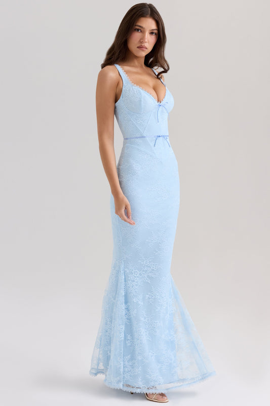 blue lace godet maxi dress