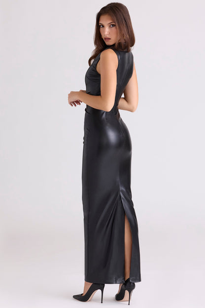 black vegan leather maxi dress
