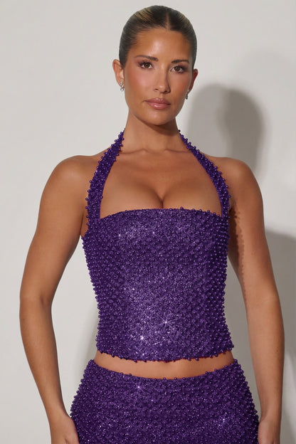 Embellished Halterneck Corset Top in Purple