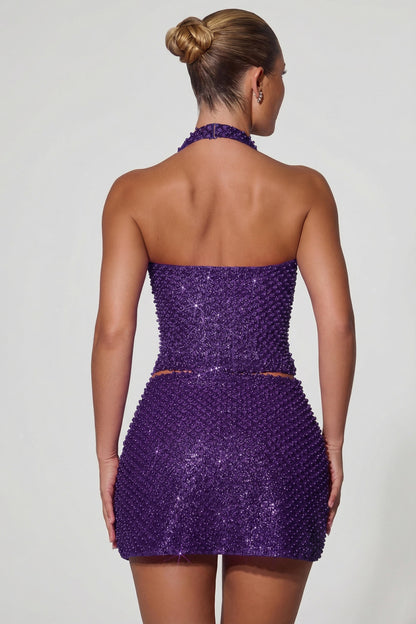 Embellished Halterneck Corset Top in Purple