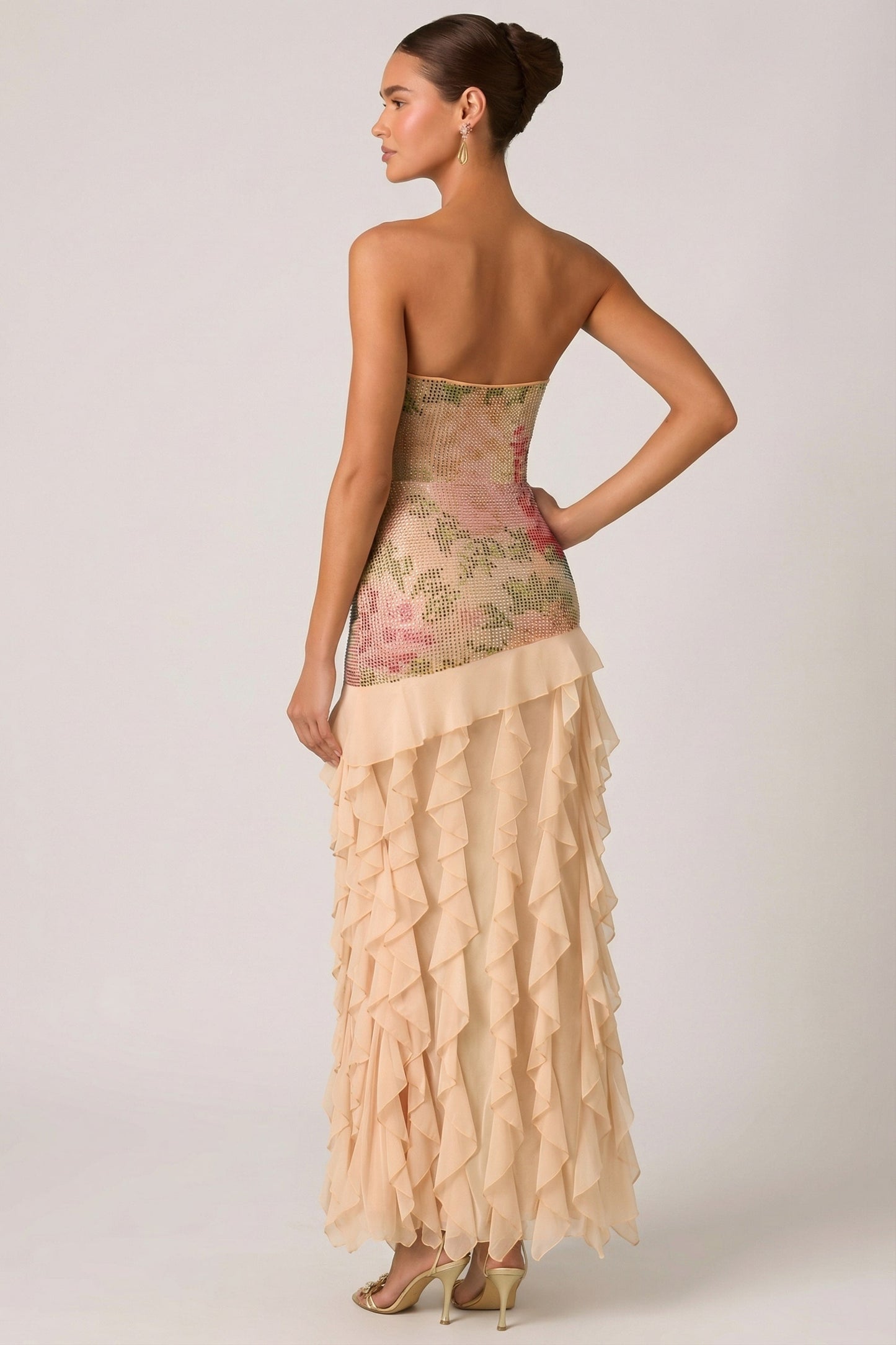 Embellished Ruffle-Trim Strapless Gown in Rose Hotfix