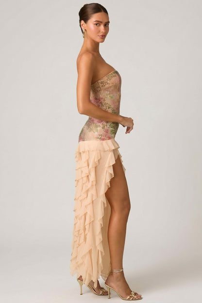 Embellished Ruffle-Trim Strapless Gown in Rose Hotfix