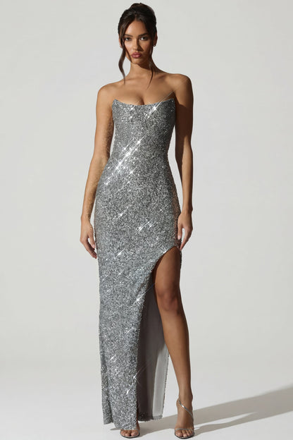 Embellished Corset Gown in Silver