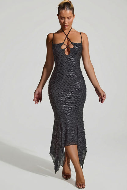 Embellished Cut-Out Asymmetric Midaxi Dress in Black